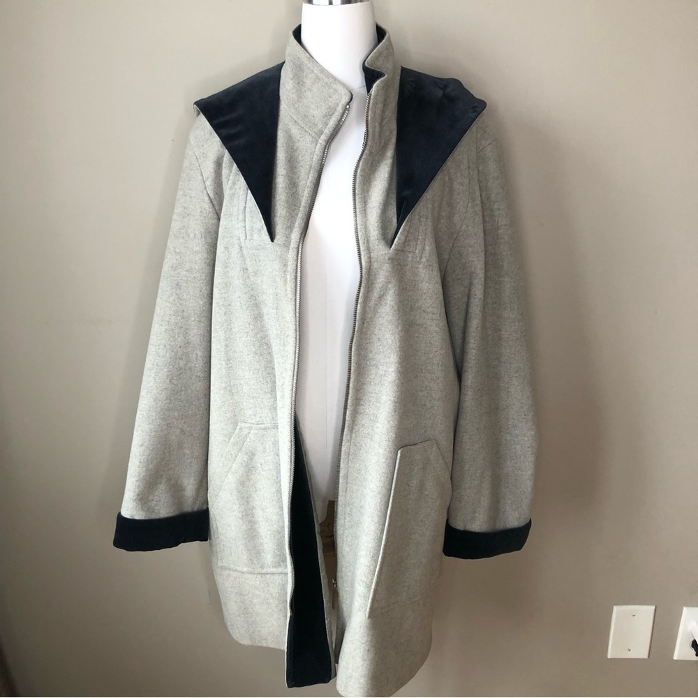 Vintage Light Gray Blue Velvet Wool Hooded Winter Coat L